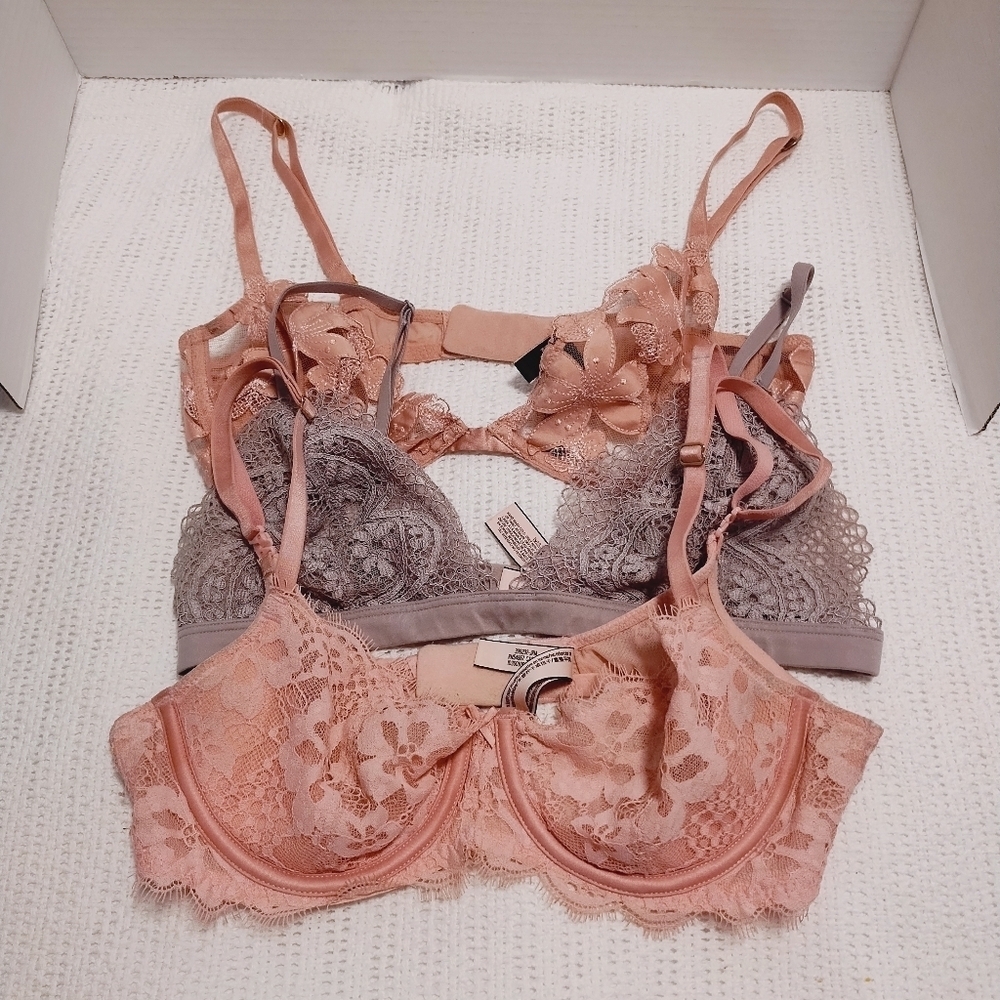 3 Victoria's Secret Elegant Lace Bra  - 2 Pink and 1 Gray